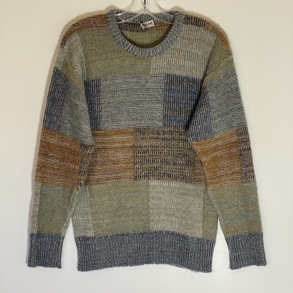Vintage Fiume Sweater Womens 46 Gray Brown Wool Alpaca Colorblock Pullover Italy